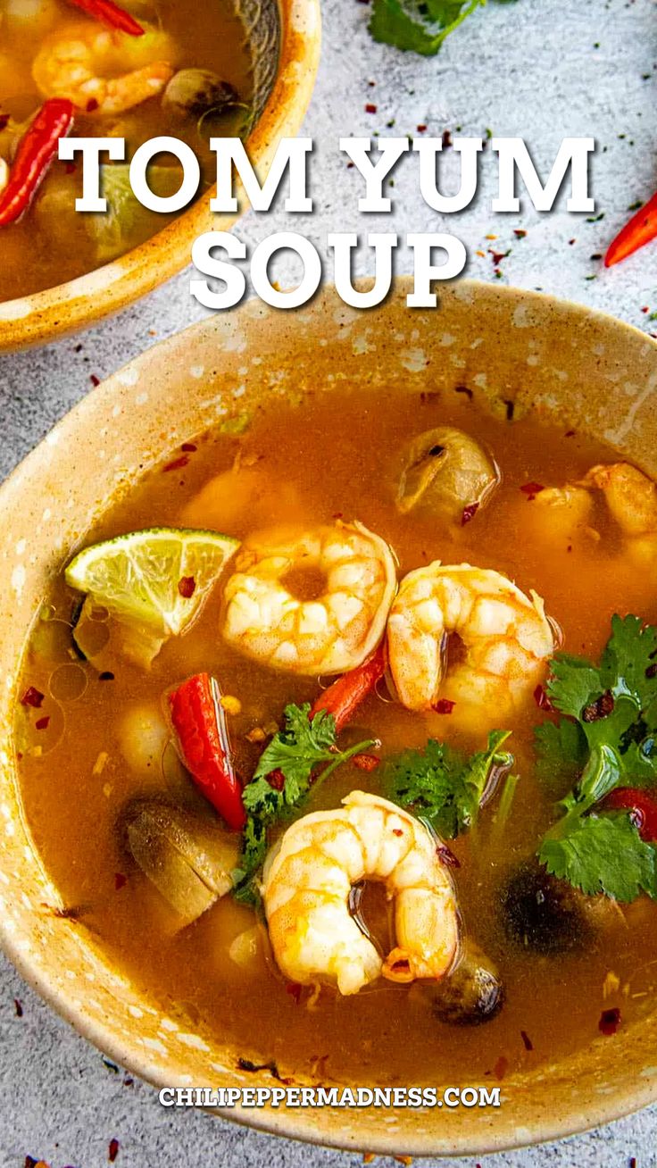 Overhead on a big bowl of the best ever tom yum soup. Tum Yum Soup, Thai Hot And Sour Soup, Thai Tom Yum Soup, Tom Yum Soup Recipe, Shrimp Soup Recipes, Soup With Shrimp, Asian Soup Recipes, Tom Yum Soup, Shrimp Soup