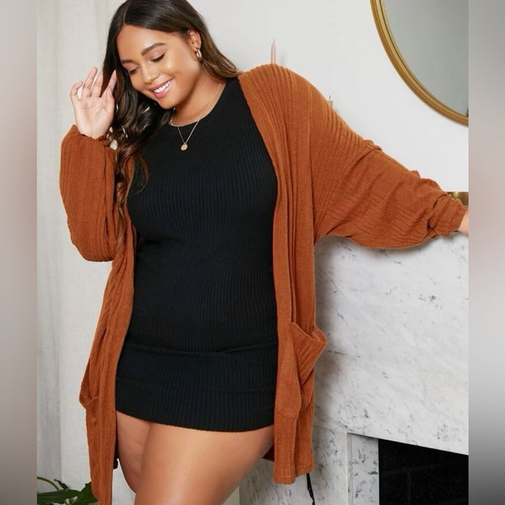 This Brunt Orange Rust Cardigan Is A Dream Color In Your Wardrobe. Brushed Waffle Knit With Long Sleeves And An Open Face For A Comfy And Casual Look. Alternative Fall Fashion, Drop Shoulder Coat, Classy Fall Outfits, Plus Size Fall Outfit, Plus Size Fall, Plus Size Coats, Cute Fall Outfits, Date Outfits, Celebrity Outfits