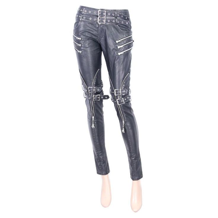 Shiny leather, metal embellishments and faux zippers, these punk pants are a dream!These punk pants feature a double belt on the waist, leather loops with buckles on knees and faux zippers with skeletal zipper sliders.The leather loops on the knees can be taken off. Product Specifications:Style: PunkFabric: 50% Synthetic Leather, 50% Cotton Leather Goth, Rock Style Outfits, Casual Punk, Punk Pants, Metal Embellishments, Double Belt, Goth Fashion Punk, Punk Design, Style Steampunk