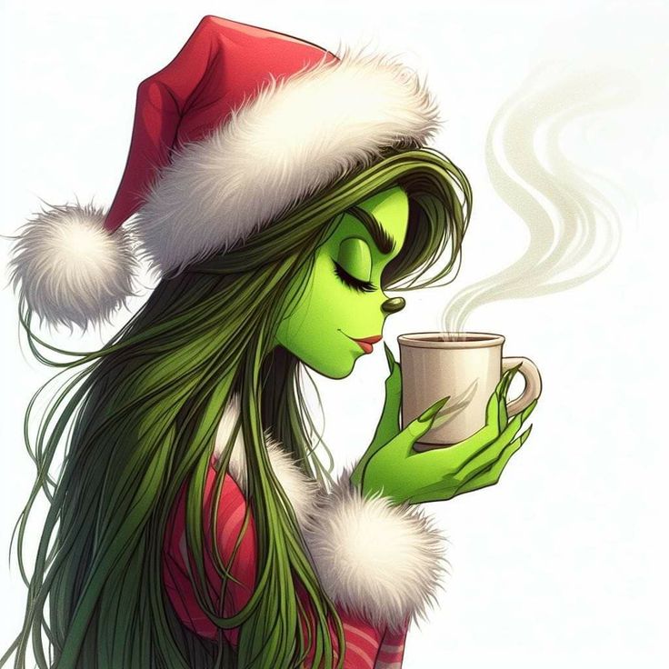 the grinch is holding a coffee cup and wearing a santa claus's hat