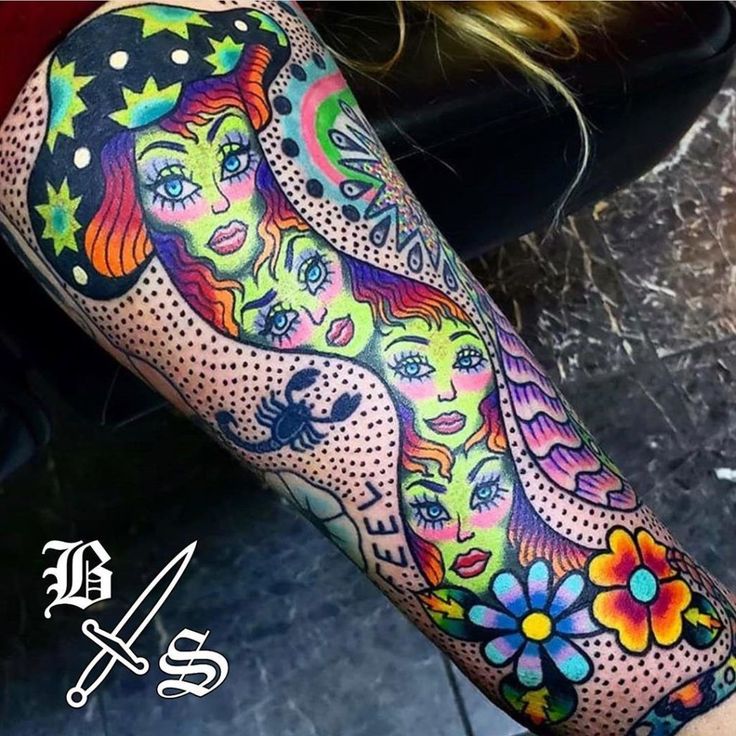 a woman's arm with colorful tattoos on it and an image of two women