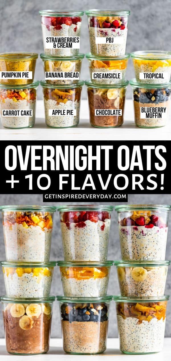 overnight oatmeal cups with text overlay that reads overnight oats 4 - 10 flavors