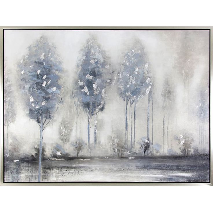 a painting with trees in the background and fog on the ground behind it, as well as an umbrella