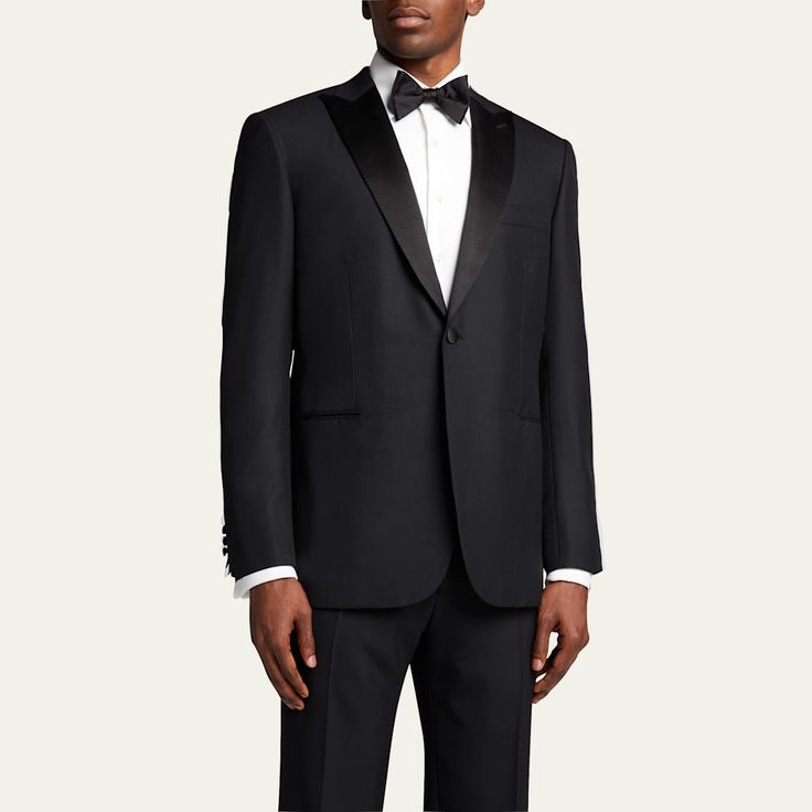 Brioni solid tuxedo with satin lapels Peaked lapels; single-button front Chest and side welt pockets Long sleeves; four-button cuffs Regular-rise trousers Full length with creasing Button/zip fly; belt loops Unfinished hem to be tailored to desired length Wool Made in Italy Semi-formal Single-breasted Wool Tuxedo, Elegant Double-breasted Wool Tuxedo, Single-breasted Wool Tuxedo, Luxury Wool Single-breasted Tuxedo, Luxury Tailored Single-button Tuxedo, Brioni Men, Tops Designs, Wool, Luxury Fashion