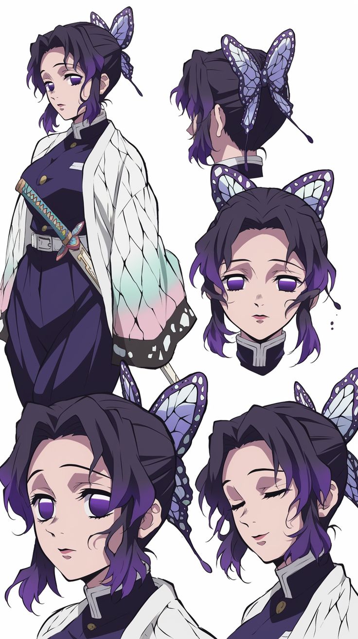 an anime character with purple hair and butterfly wings on her head, in different poses