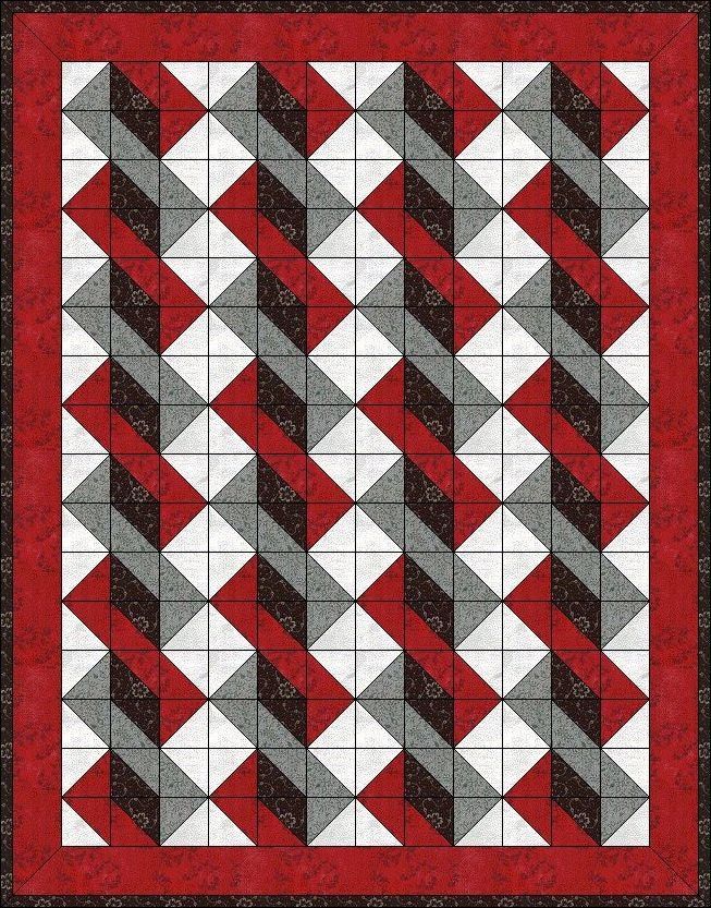 a red and black quilt with white squares on the bottom, and grey triangles at the top