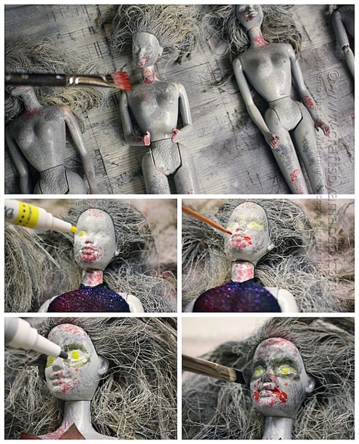 several images of a doll being painted with white and red paint on it's head