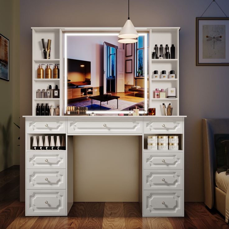 a large white desk with drawers and bottles on the top shelf in front of it