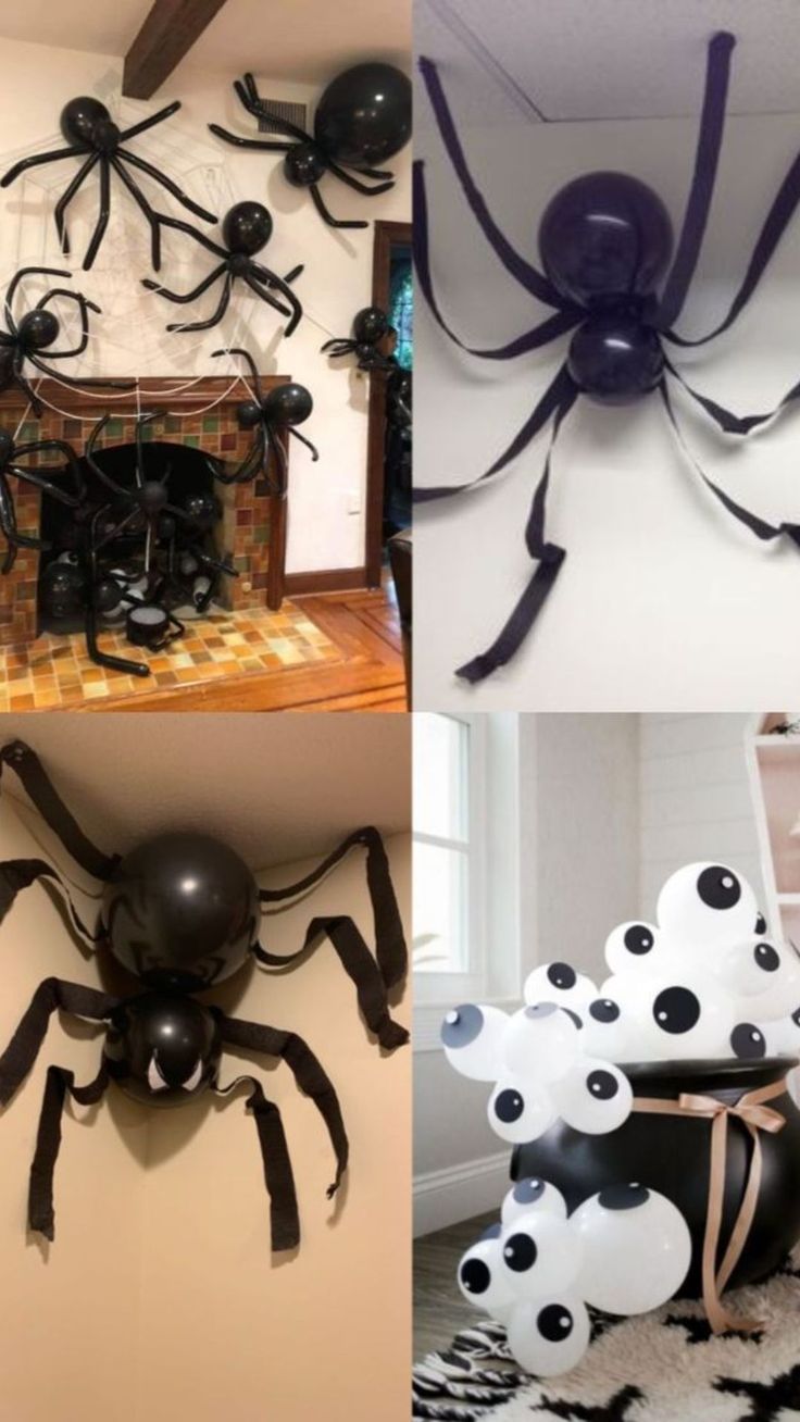 halloween decorations in various styles and colors are displayed on the wall, along with black spider balloons