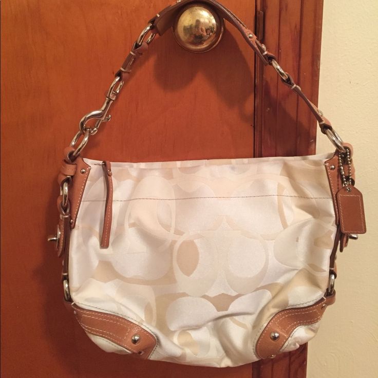 Authentic Unused Coach Carly Handbag. White Canvas, Tan Leather, Silver Hardware. Never Used, Stored In Sealed Rubbermaid Bin. Includes Coach Dust Bag. Vintage Coach Bags, Aesthetic Things, Vintage Coach, Leather Silver, White Canvas, Blue Wedding, Silver Hardware, Tan Leather, Coach Bags