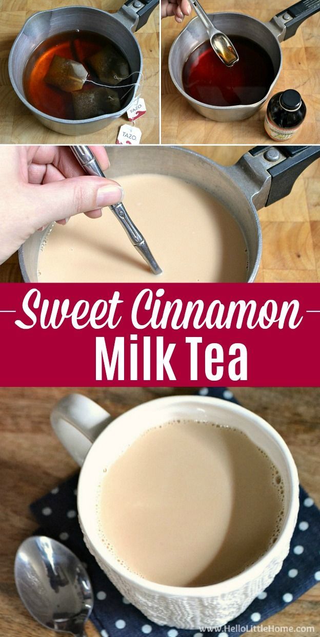 homemade sweet cinnamon milk tea in a pan with spoons