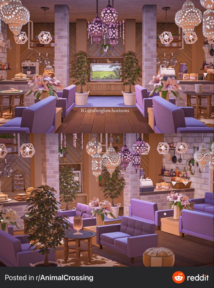 a living room filled with lots of purple furniture