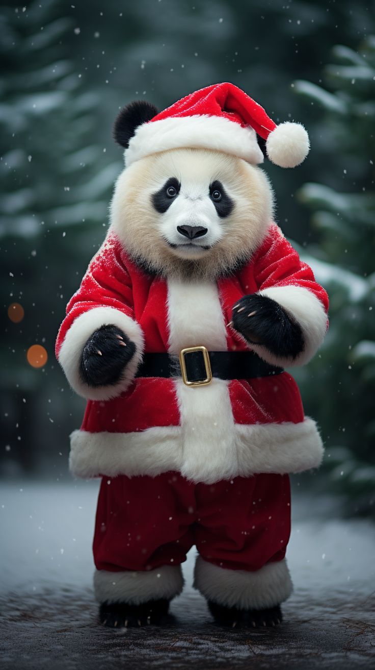 a panda bear dressed as santa claus in front of snow covered trees and evergreens