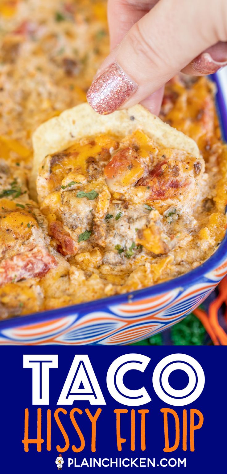 a hand dipping a tortilla into a casserole dish with text overlay