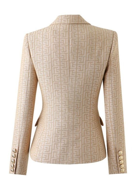 Beige Texture Blazer Double-breasted Texture Blazer is decorated with gold buttons. On the lining. Flap pockets on the front. Composition - Cotton, Polyester. 100% PERFECT FIT GUARANTEE You only need to provide us with your height, weight, collar, bust, waist, hips measurements. And we will take measurements to find you the clothes that suit you best. If you are not 100% satisfied with our service, we guarantee a free-of-charge replacement or contribution towards a local tailoring service to ach Tailored Gold Blazer With Buttons, Tailored Gold Blazer With Double Button Closure, Gold Formal Blazer With Double Button Closure, Designer Gold Blazer For Work, Luxury Beige Blazer With Button Closure, Gold Double-breasted Elegant Blazer, Gold Blazer With Double Button Closure For Business, Formal Gold Outerwear With Double-breasted Button Fastening, Fitted Gold Double-breasted Blazer