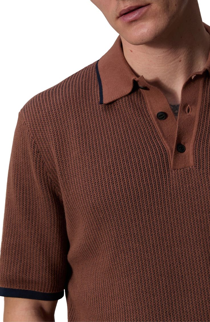 A soft knit made from drapey, cotton-rich yarns brings a hint of texture to this polo that's as ready for a relaxed weekend as you are. 28" length (size Medium) Button half-placket Spread collar Short sleeves 71% cotton, 22% viscose, 7% nylon Machine wash, dry flat Imported Luxury Men's Polo Sweater With Button Cuffs, Luxury Fine Knit Casual Polo Sweater, Luxury Formal Polo Shirt With Ribbed Collar, Luxury Merino Wool Polo Collar Sweater, Luxury Long Sleeve Polo Shirt With Ribbed Cuffs, Luxury Casual Polo Collar Sweater, Luxury Fitted Polo Sweater With Ribbed Cuffs, Luxury Knit Polo Sweater With Seamless Collar, Luxury Casual Polo Sweater With Buttons