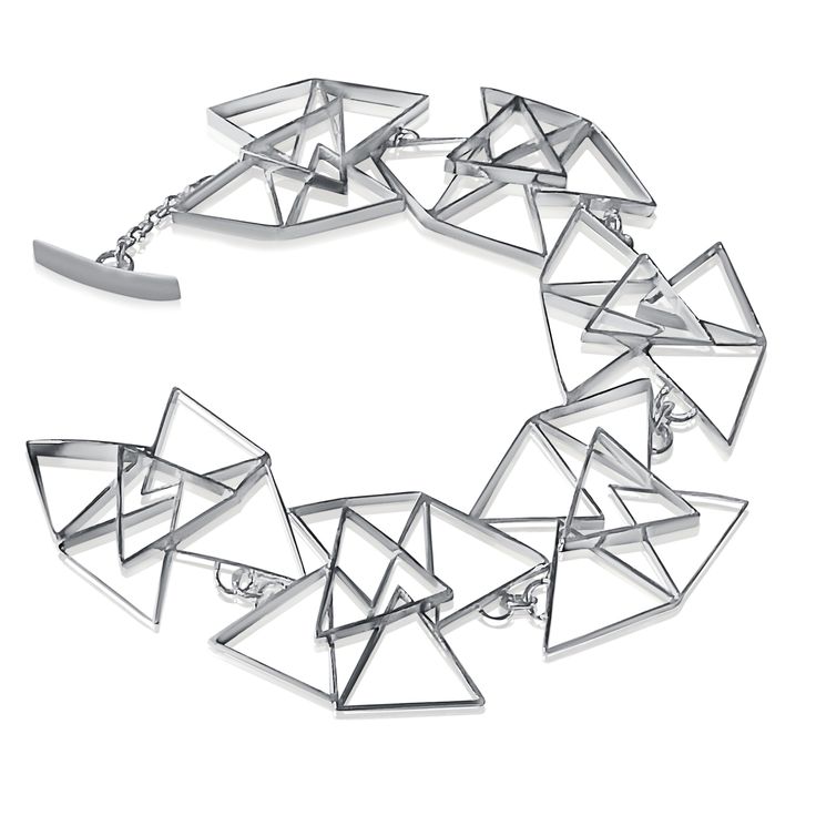 Silver Bracelet - Each link in this fabulous, geometric bracelet consists of five triangles formed from 3mm rectangular sterling silver wire. It closes with a toggle clasp closure. Geometric Bracelet, Artful Home, Toggle Clasp, Silver Wire, Triangles, Precious Metals, Silver Bracelet, Jewelry Bracelets, Original Art