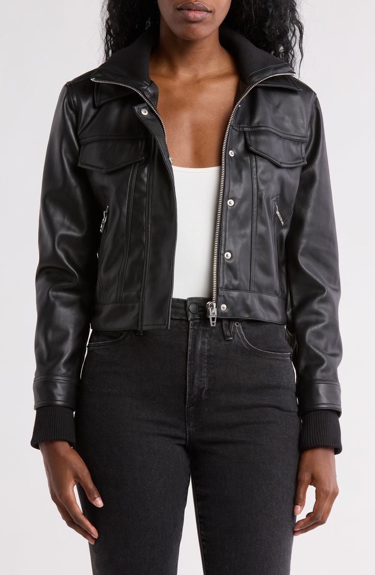 Faux leather and polished hardware distinguish this cozy jacket that's a go-to layer for when the temp drops. Front zip closure Stand collar Long sleeves Front zip pockets; chest flap pockets Lined 100% polyester with polyurethane coating Spot clean Imported Casual Faux Leather Outerwear With Zip Fly, Oversized Leather Jacket Nordstrom, Trendy Fall Outerwear With Button Zip Fly, Trendy Fall Leather Jacket With Faux Pockets, Fitted Biker Jacket With Multiple Pockets For Fall, Fall Faux Leather Outerwear With Faux Pockets, Trendy Winter Leather Jacket With Faux Pockets, Edgy Leather Jacket With Pockets For Fall, Black Utility Jacket With Zipper For Fall