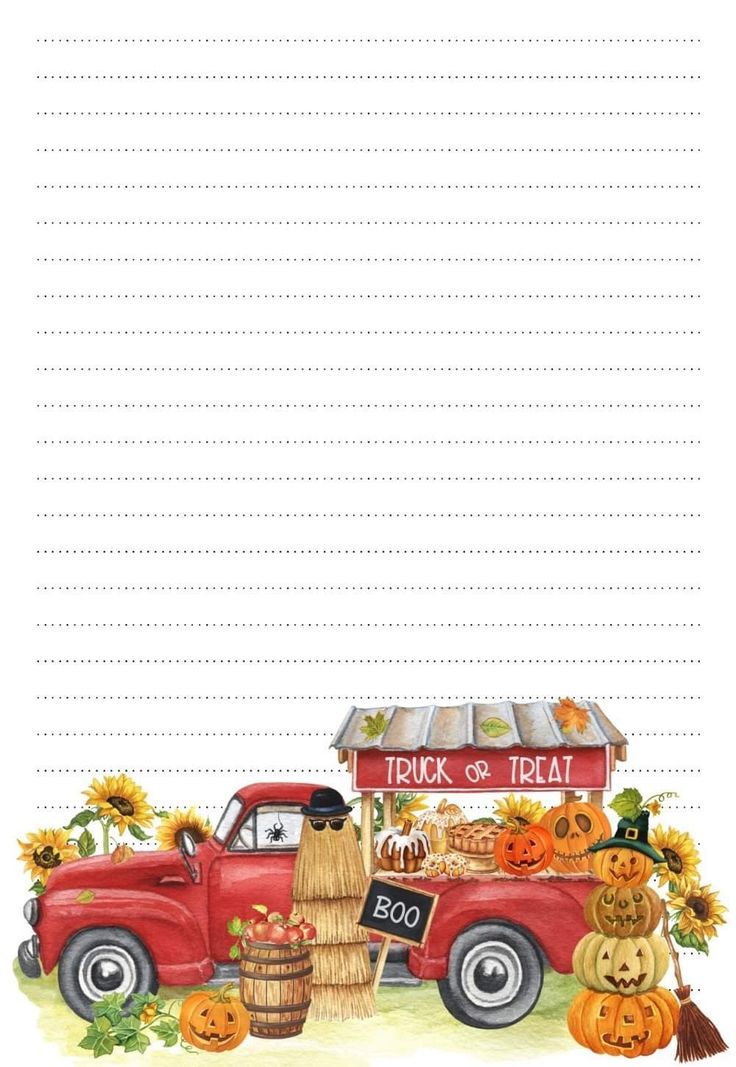 an old red truck with pumpkins and a broom on the back is lined in paper that says trick or treat