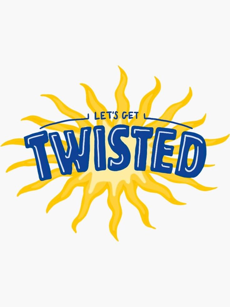 the let's get twisted logo is shown in blue and yellow, with an orange sun