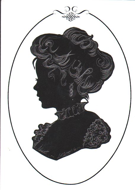 a black and white drawing of a woman's profile in an oval frame with the word