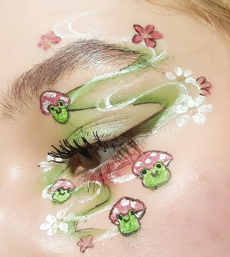 Plant Themed Makeup, Frog Eye Makeup, Cute Frog Makeup, Dark Fairy Core Makeup, Frog Makeup Look, Crazy Makeup Ideas, Duck Makeup, Frog Makeup, Whimsical Makeup