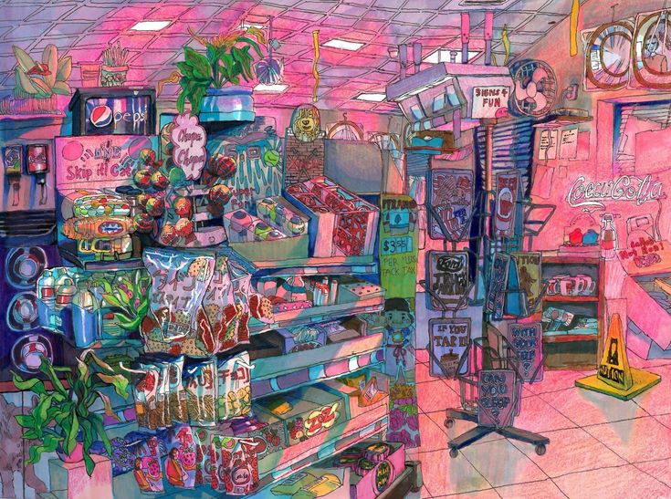 a painting of a store filled with lots of items in it's display area