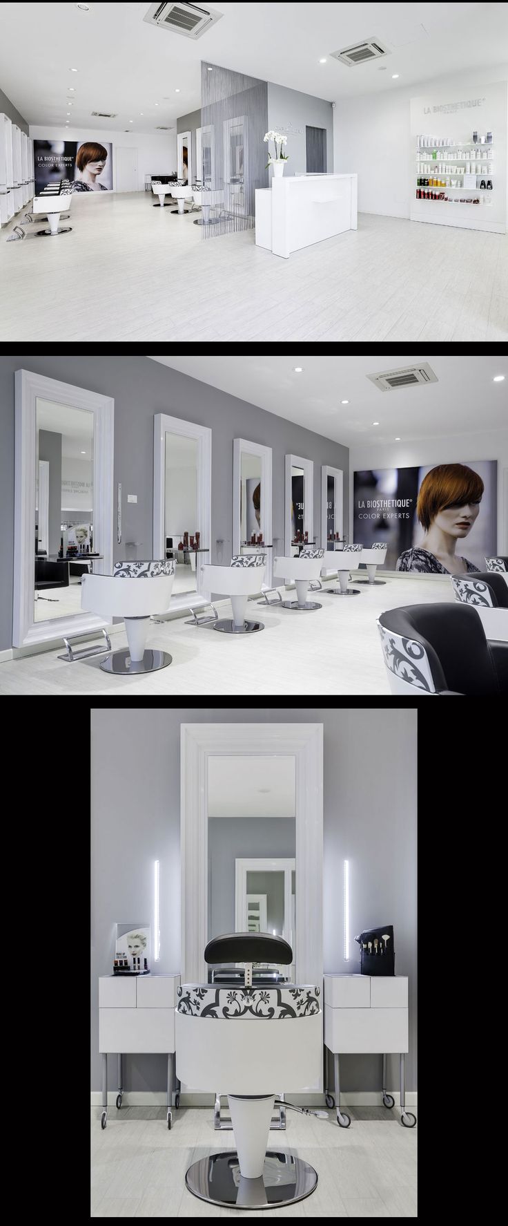 two pictures of the inside of a hair salon