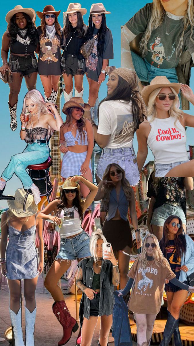 the collage shows many different women in short skirts and cowboy hats, with one woman wearing