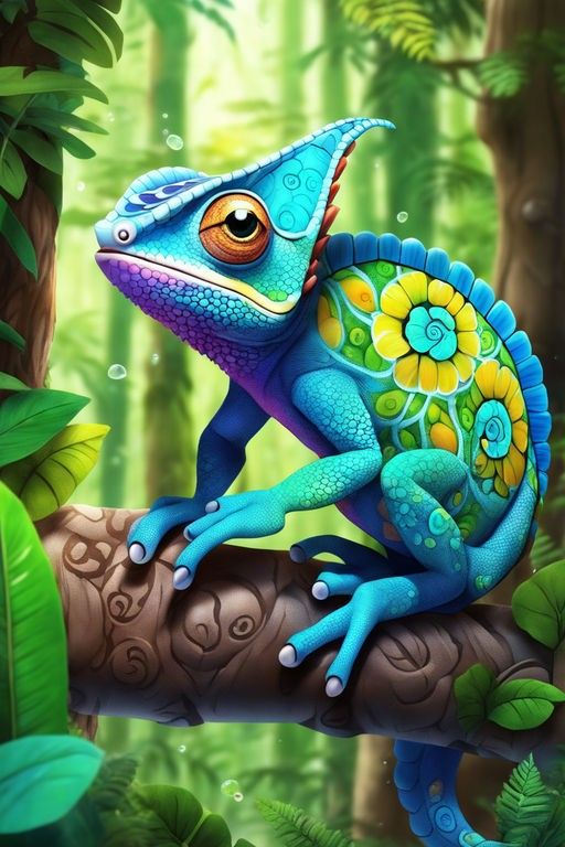 a blue chamelon sitting on top of a tree branch in the forest with green leaves