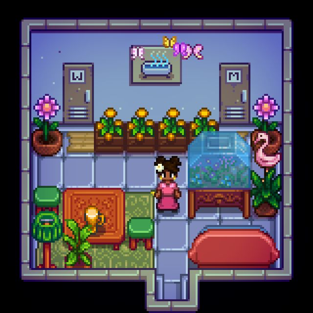 an image of a room with plants and flowers on the walls, in pixel art style