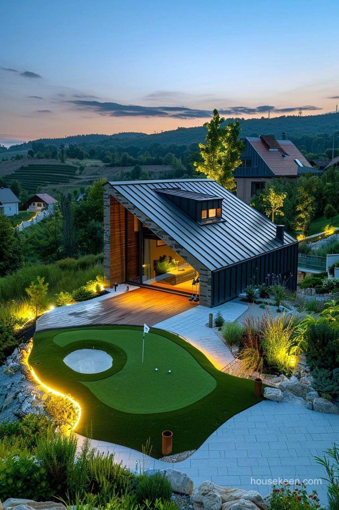 an aerial view of a golf course at night with lights on the green and a house in the background