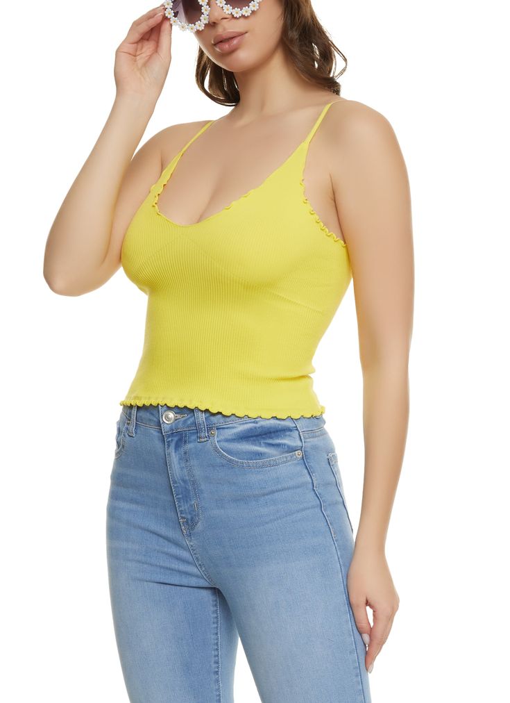 Ambiance, Sleeveless, V-Neck, Cami, Cropped Hem, Adjustable Strap(s), Lettuce Edge, Solid, Ribbed Knit, Item Number 1301054263958 Rainbow Shop, Item Number, Lettuce, Womens Clothing Tops, Ribbed Knit, Crop Tops, V Neck, Collage, Knitting