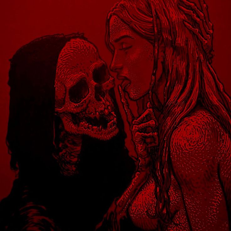 a drawing of a woman kissing a skeleton in front of a red background with the image of a man holding a knife