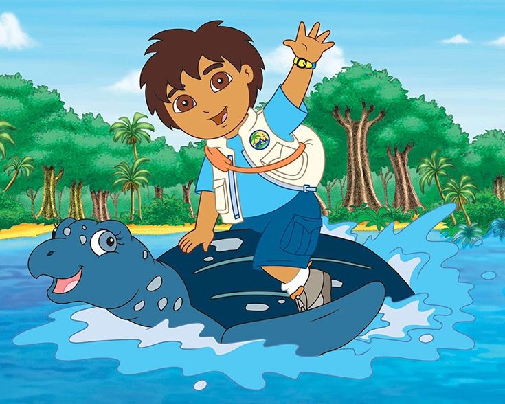 a boy riding on the back of a boat in water with a hippopotamus