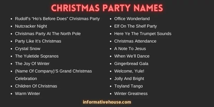 399+ The Most Elegant And Funny Christmas Party Names Christmas Party Name Ideas, Christmas Spam Names For Instagram, Christmas Party Theme Names, Party Names Ideas, Christmas Toyland, Christmas Party Friends, Party Slogans, Christmas Pajama Party, Girls Christmas Party