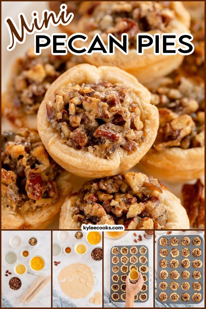 mini pecan pies with different toppings on top and in the background, there is