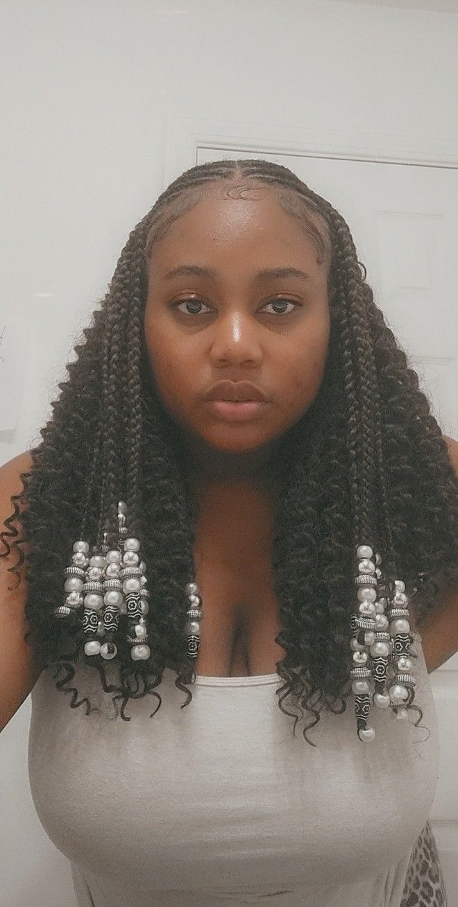 Half Cornrows Half Box Braids With Beads, Half Braids Half Curls Black Hairstyles, Half Feed In Braids Half Crochet, Half Braids Half Sew In Weave With Beads, Half Braided Half Crochet Hairstyles, Half Feed In Half Crochet, Braids In Front Crochet In Back, Half Crochet Half Braids, Half Up Half Down Sew In With Braids