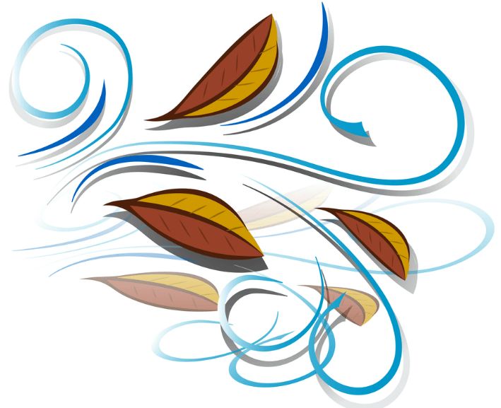 an abstract design with leaves and swirls in blue, brown and yellow colors on a white background