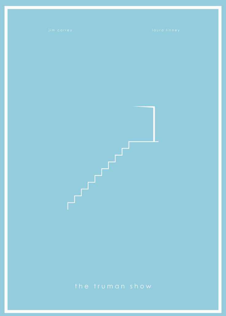 the truman show minimalist poster with stairs in blue and white on a light blue background