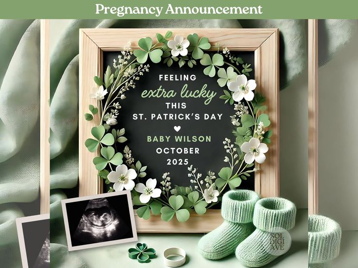 there is a baby announcement with green shoes and pictures on the table next to it