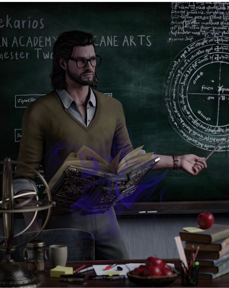 a man standing in front of a blackboard holding an open book and pointing at it