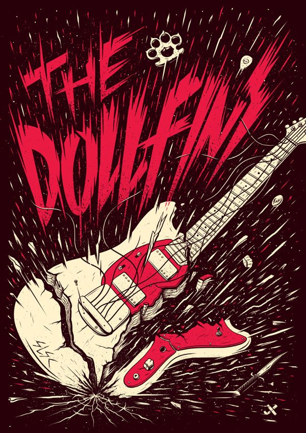 a red and white guitar with the words, the doubaws on it