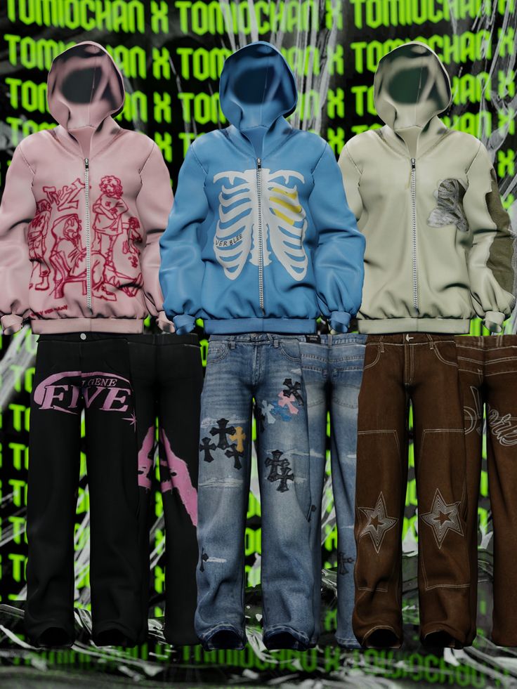 four children's clothes are displayed in front of a digital background