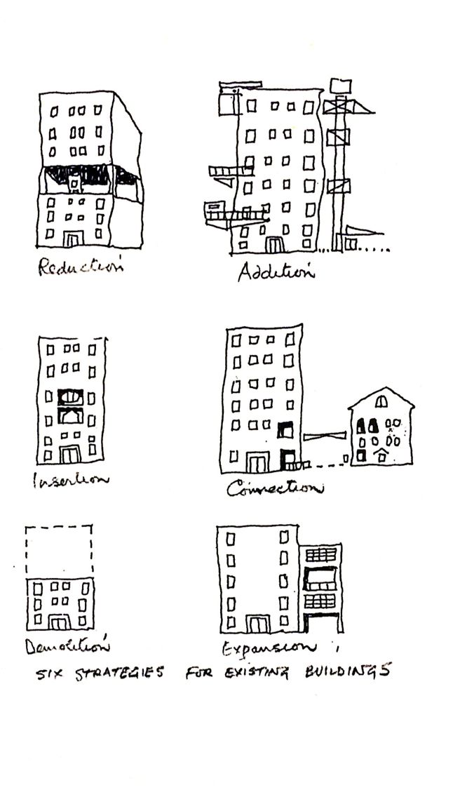 some buildings are drawn in black ink on white paper, and each building has its own name