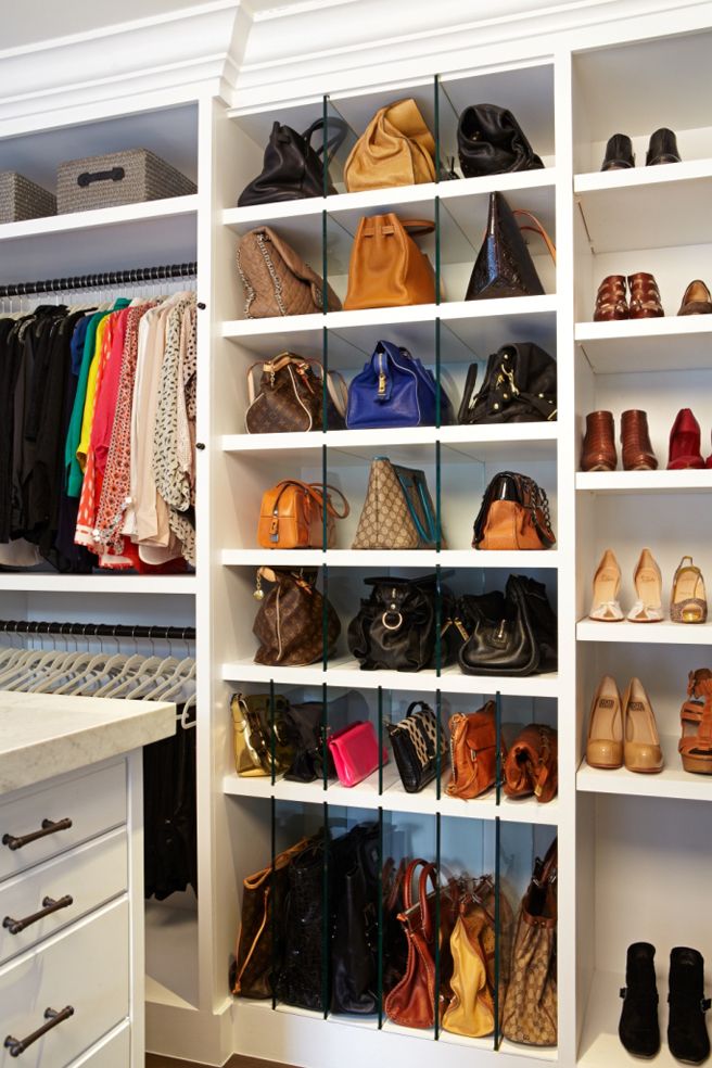 an organized closet with shoes and handbags on shelves in front of a white cabinet