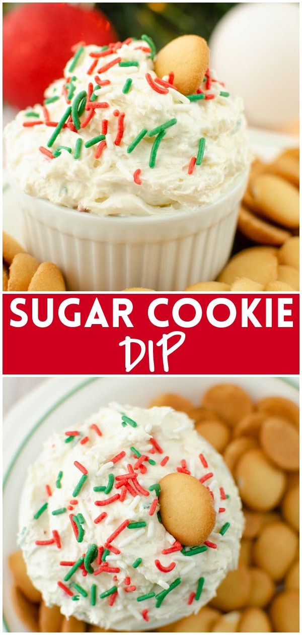 sugar cookie dip with sprinkles and cookies in the background, on a plate