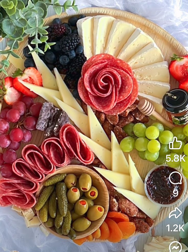 an assortment of cheeses, meats and vegetables arranged on a platter