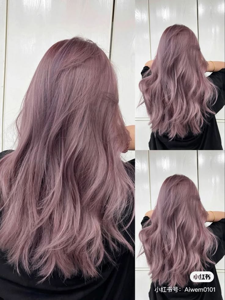 Ash Pink Hair Korean, Light Color Hair Dye, Ash Mauve Hair Color, Muted Rose Hair, Ashy Violet Hair, Milk Tea Purple Hair, Light Dyed Hair Colors, Light Purple Pink Hair, Champagne Mauve Hair