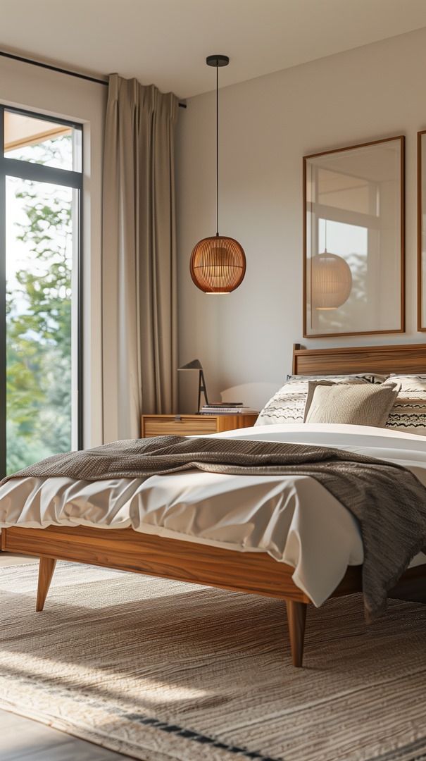 a bedroom with a bed, dresser and large glass doors that open to the outside